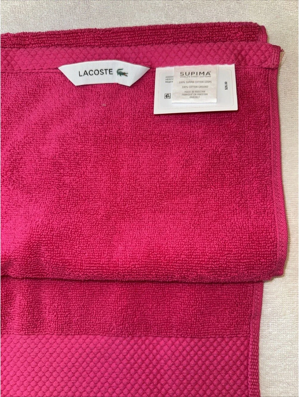 Lacoste Signature Crocodile Logo Izod Hot Pink Hand Towel 16x30 Inch